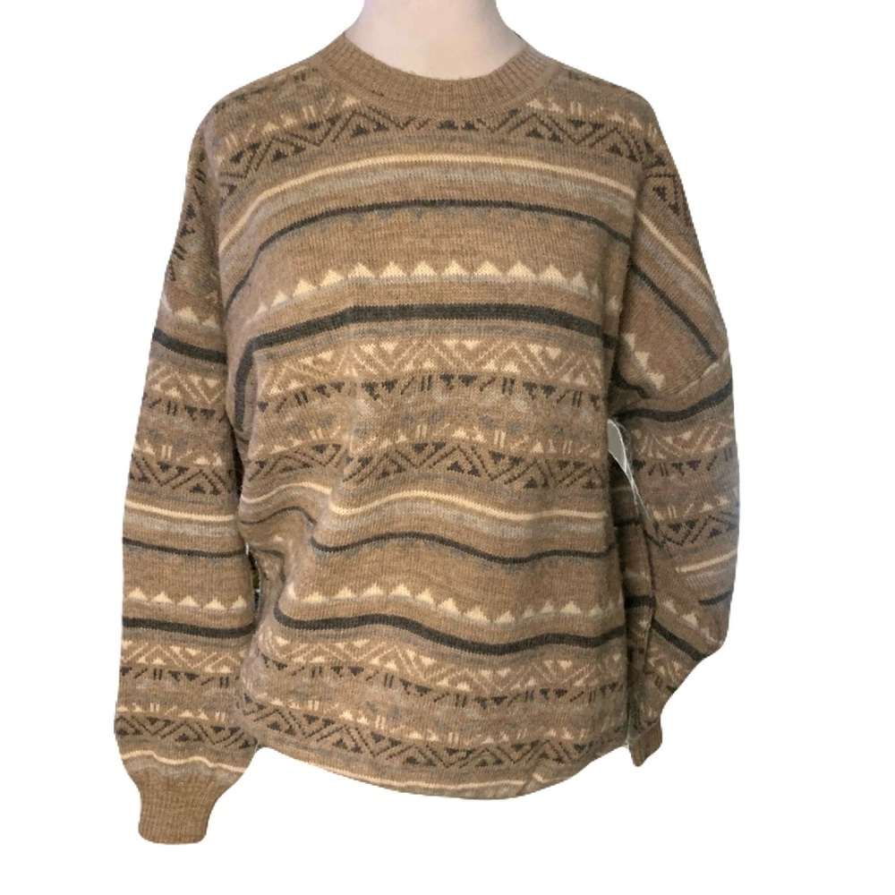 Tumi Men's Beige Multicolor Patterned Crewneck Wool Alpaca Blend Cozy Sweater